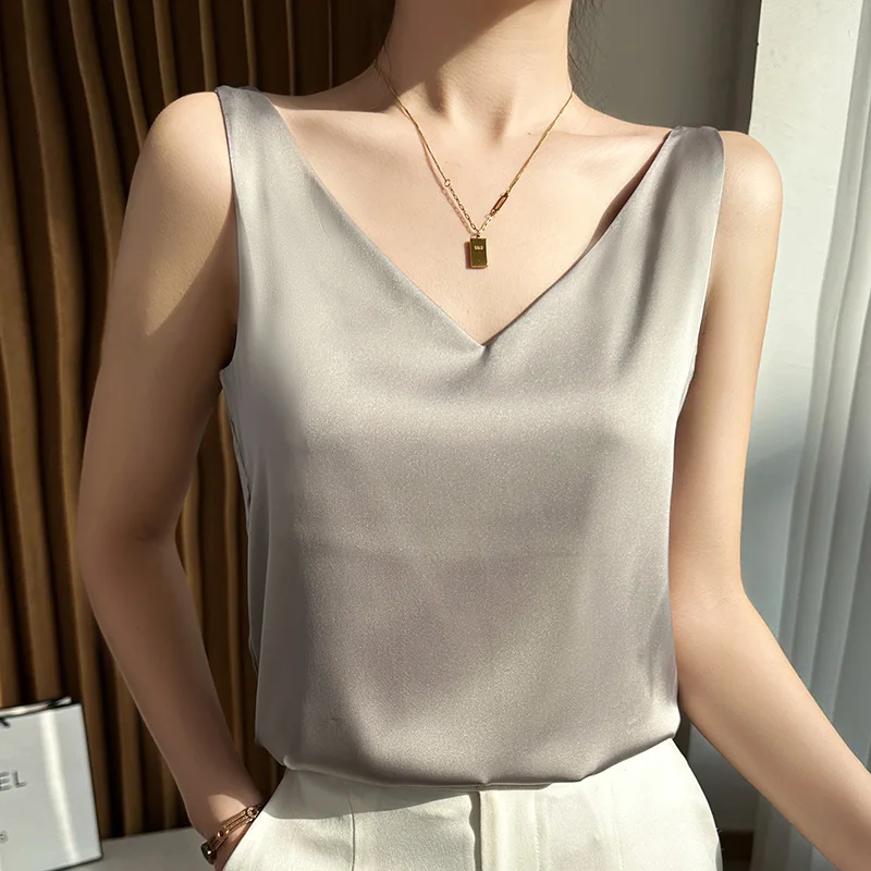 Silk Satin Women Double Shoulder Camisole Tank Top V-neck Sleeveless Top T-shirt Elegant Crop Top Solid Casual Basic 2025 Summer thumbnail 6