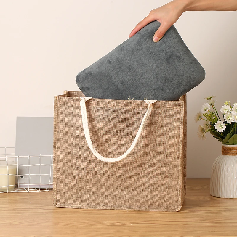 Simple solid color men's tote bag imitation linen large capacity handbag daily student outdoor work storage bag