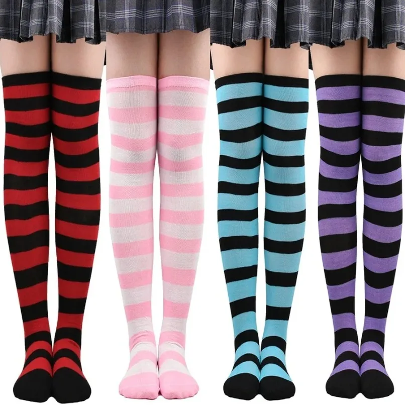 Thigh High Stockings Womens Striped Ladies Girls Black White pink Long Over Above Knee Socks femboy Cosplay Lolita Harajuku Y2k thumbnail 2