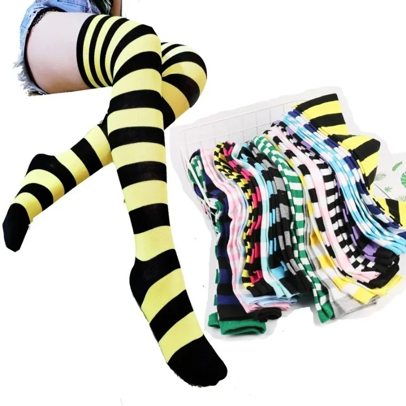Thigh High Stockings Womens Striped Ladies Girls Black White pink Long Over Above Knee Socks femboy Cosplay Lolita Harajuku Y2k thumbnail 3