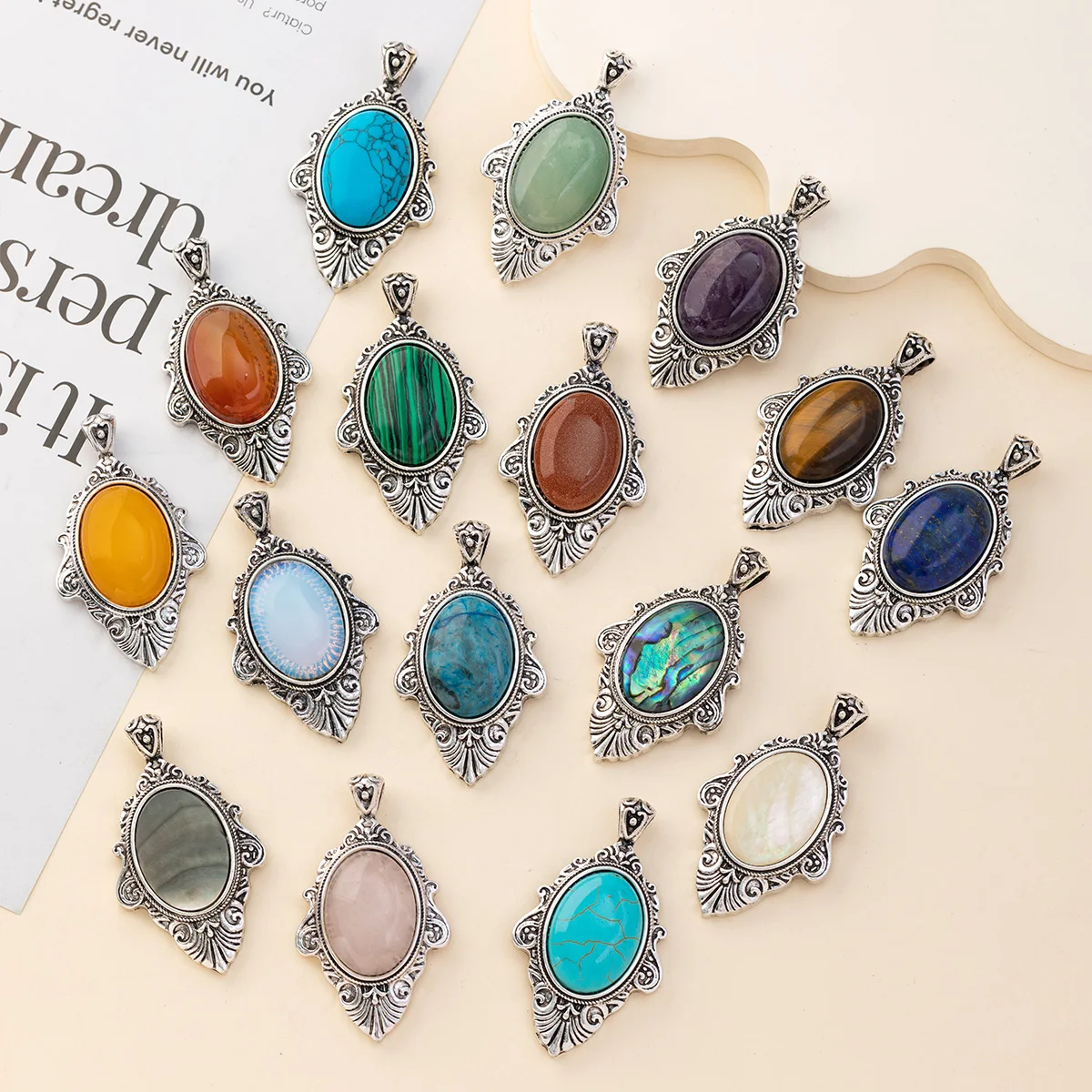 55x30mm Natural Stone Amethyst Tiger Eye Quartz Pendant Vintage Charms for Jewelry Making DIY Women Necklace Earrings Accessory