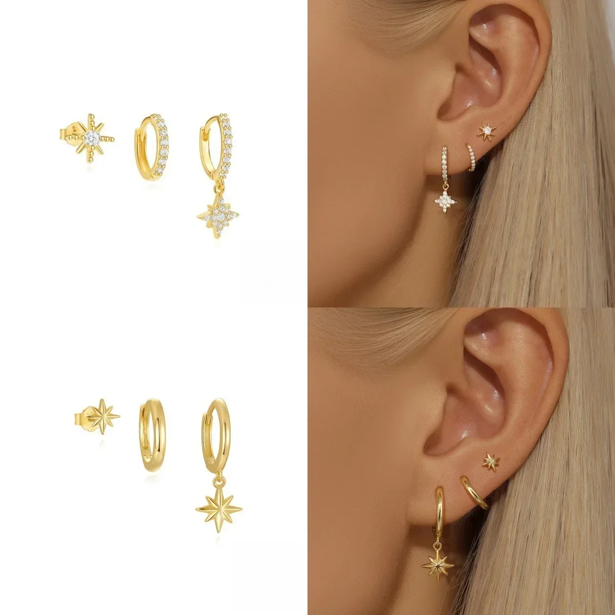3 Piece Fashion Stainless Steel Round Star Drop Earrings Set for Women 18K Gold Plated Dangle Earring Punk Unisex Rock Jewelry thumbnail 4