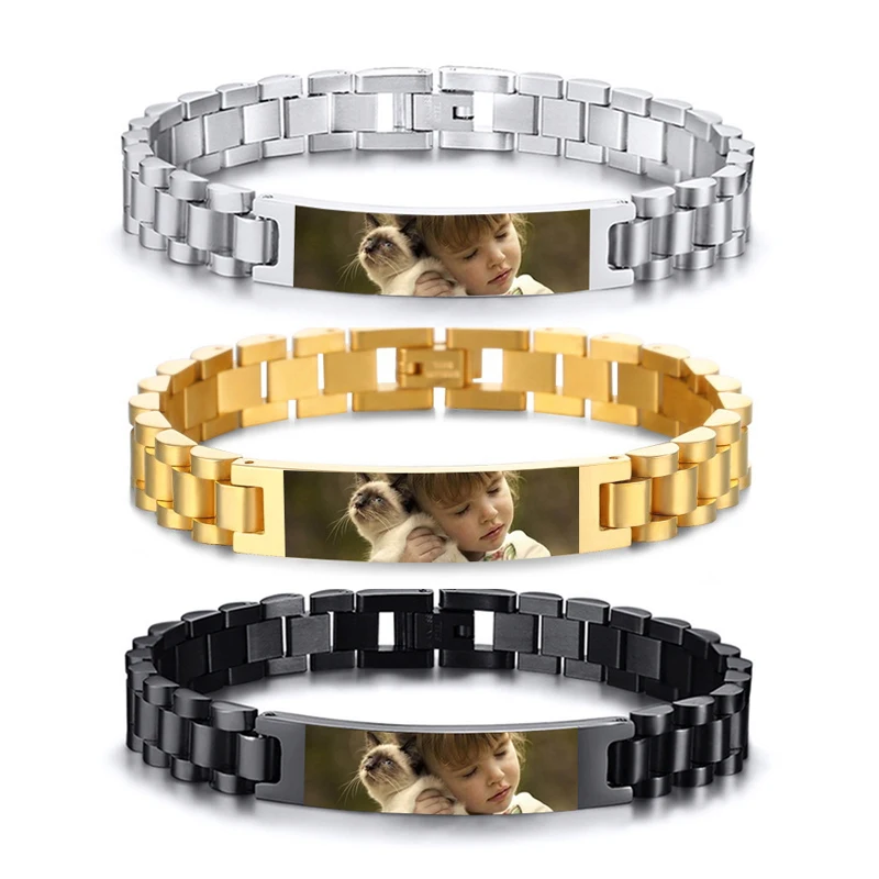 Personalized Engrave Photo Text Bracelet for Men Wristband Stainless Steel Bangle Engraving Color Printing Picture Couple Gifts
