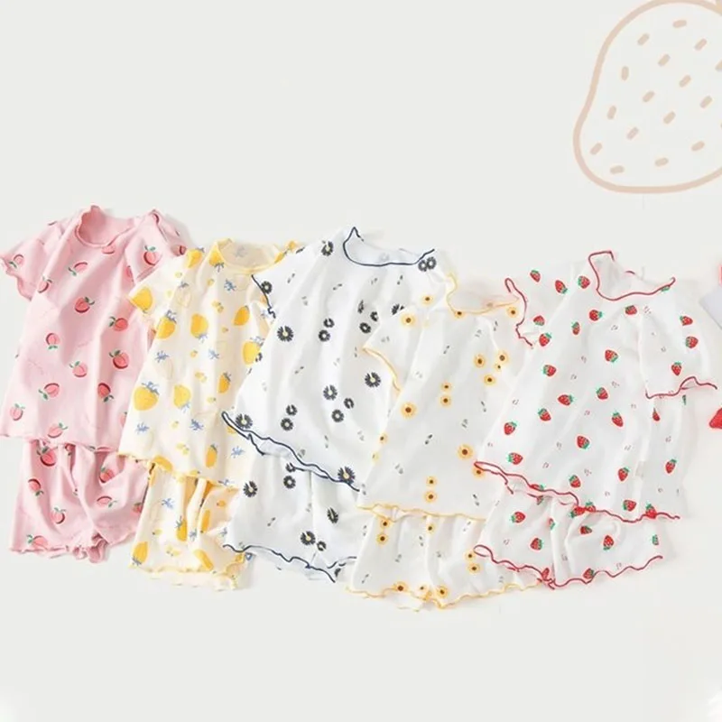 Girls Summer Pajama Set Strawberry Print Shorts Pink Peaches Tee Baby Cool Comfort Homewears Soft Breathable Sleepsuits for Play thumbnail 2