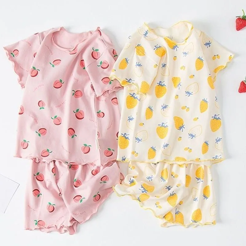 Girls Summer Pajama Set Strawberry Print Shorts Pink Peaches Tee Baby Cool Comfort Homewears Soft Breathable Sleepsuits for Play