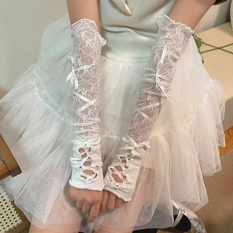 Women Lolita Jk Lace Fingerless Gloves Black Gothic DIY Strapping Sunscreen Sleeve Clothing Accessories Elastic Mesh Punk Gloves thumbnail 3