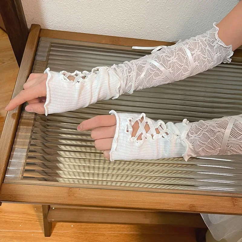 Women Lolita Jk Lace Fingerless Gloves Black Gothic DIY Strapping Sunscreen Sleeve Clothing Accessories Elastic Mesh Punk Gloves thumbnail 2