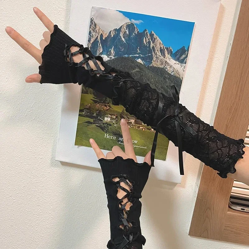 Women Lolita Jk Lace Fingerless Gloves Black Gothic DIY Strapping Sunscreen Sleeve Clothing Accessories Elastic Mesh Punk Gloves thumbnail 4