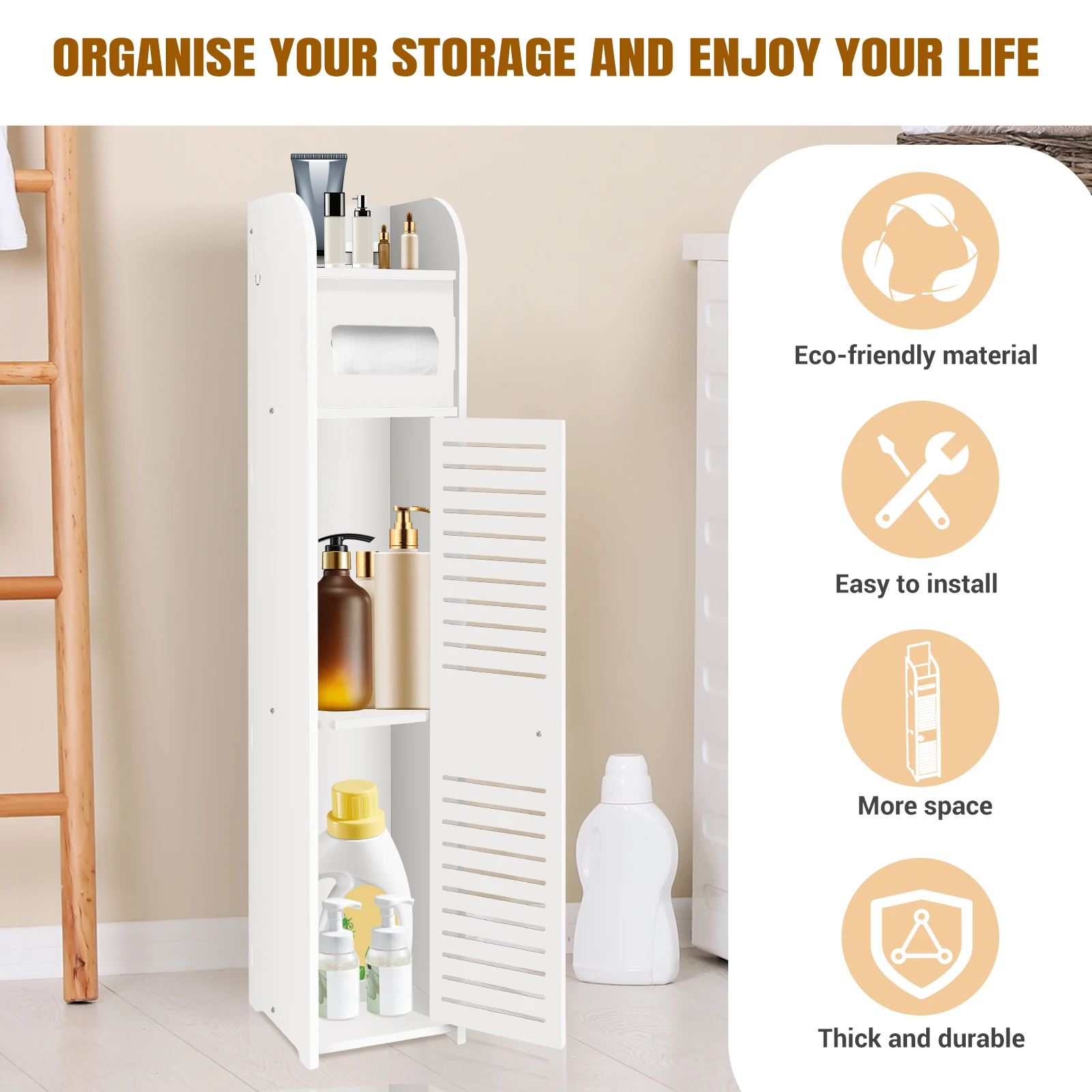 Bathroom Floor-To-Ceiling Pvc Storage Cabinet With 1 Door And 4 Tiers For Bathrooms, Living Rooms, Kitchens And Toilets thumbnail 3
