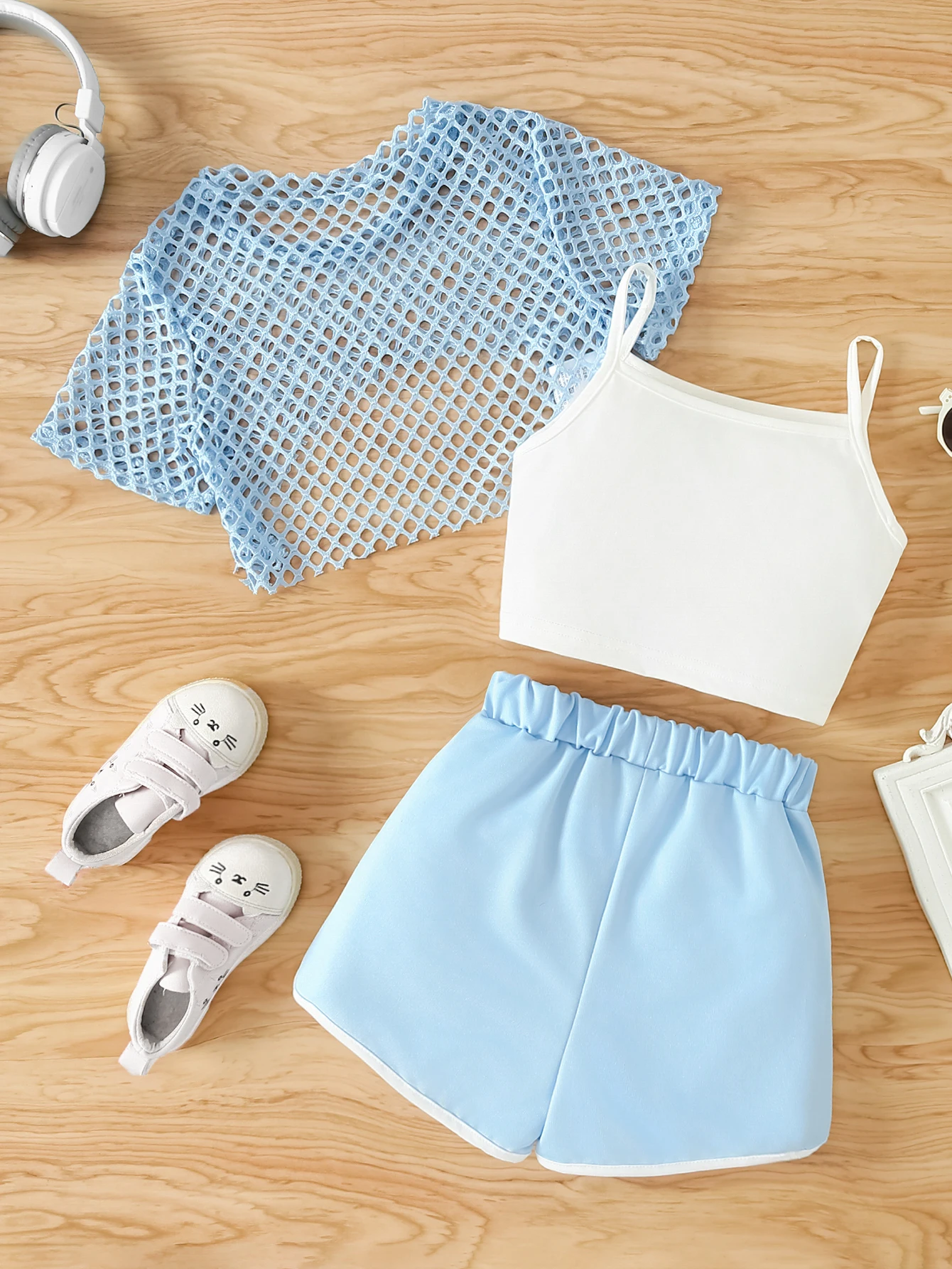 Girls' Three-Piece Outfits New Breathable Summer Thin Fashion Short Sleeve Mesh Top+Letter Print Crop Vest Sling+Letter Print Sport Shorts thumbnail 2