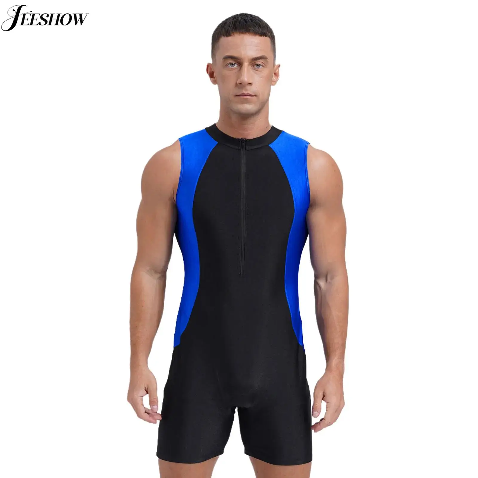 Men Color Block One Piece Swimsuit Crew Neck Sleeveless Front Zipper Bodysuit Jumpsuit Athletic Bathing Suit Rash Guard Swimwear