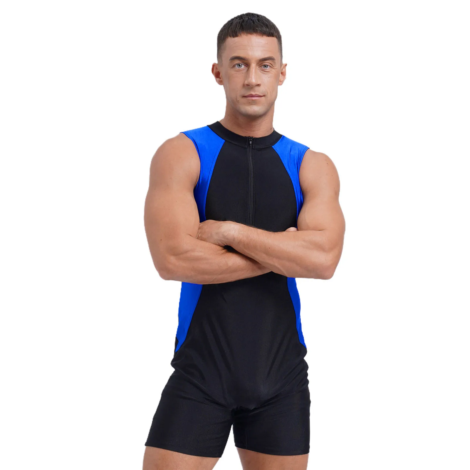 Men Color Block One Piece Swimsuit Crew Neck Sleeveless Front Zipper Bodysuit Jumpsuit Athletic Bathing Suit Rash Guard Swimwear thumbnail 2