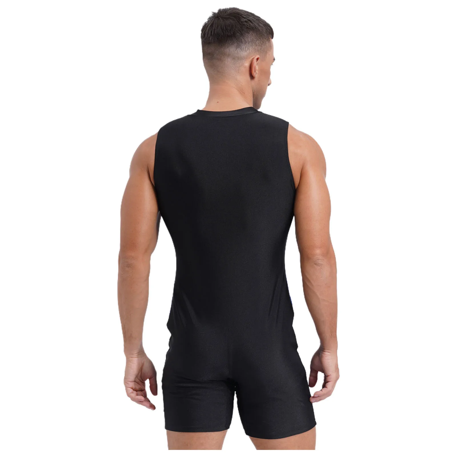 Men Color Block One Piece Swimsuit Crew Neck Sleeveless Front Zipper Bodysuit Jumpsuit Athletic Bathing Suit Rash Guard Swimwear thumbnail 4