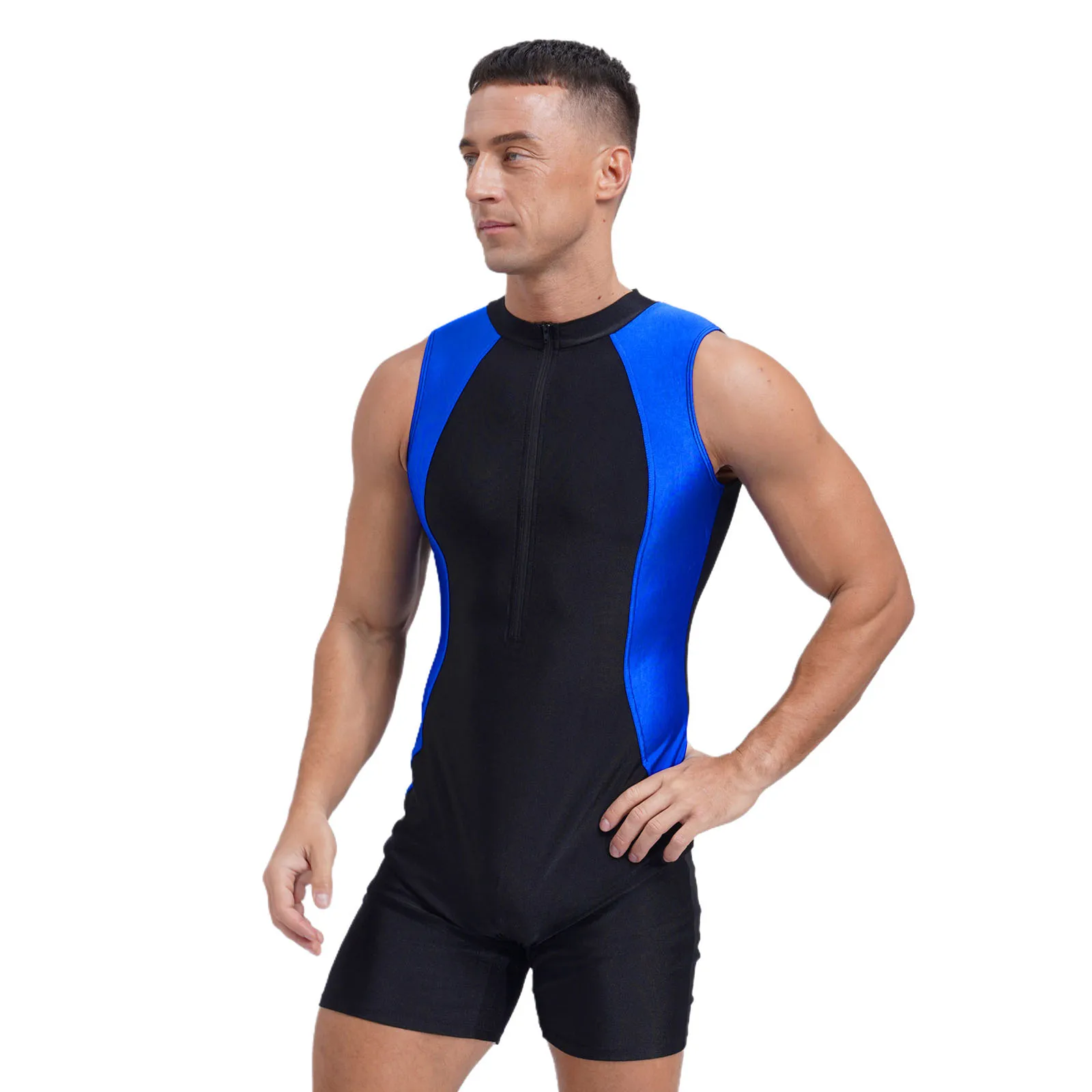 Men Color Block One Piece Swimsuit Crew Neck Sleeveless Front Zipper Bodysuit Jumpsuit Athletic Bathing Suit Rash Guard Swimwear thumbnail 3