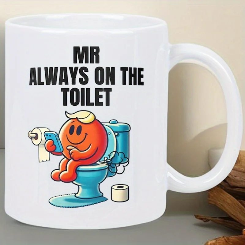 Funny "Mr. Always Going to the Toilet" 11 oz Ceramic Mug - Novelty Coffee Mug with Orange Character Design, Hand Washable