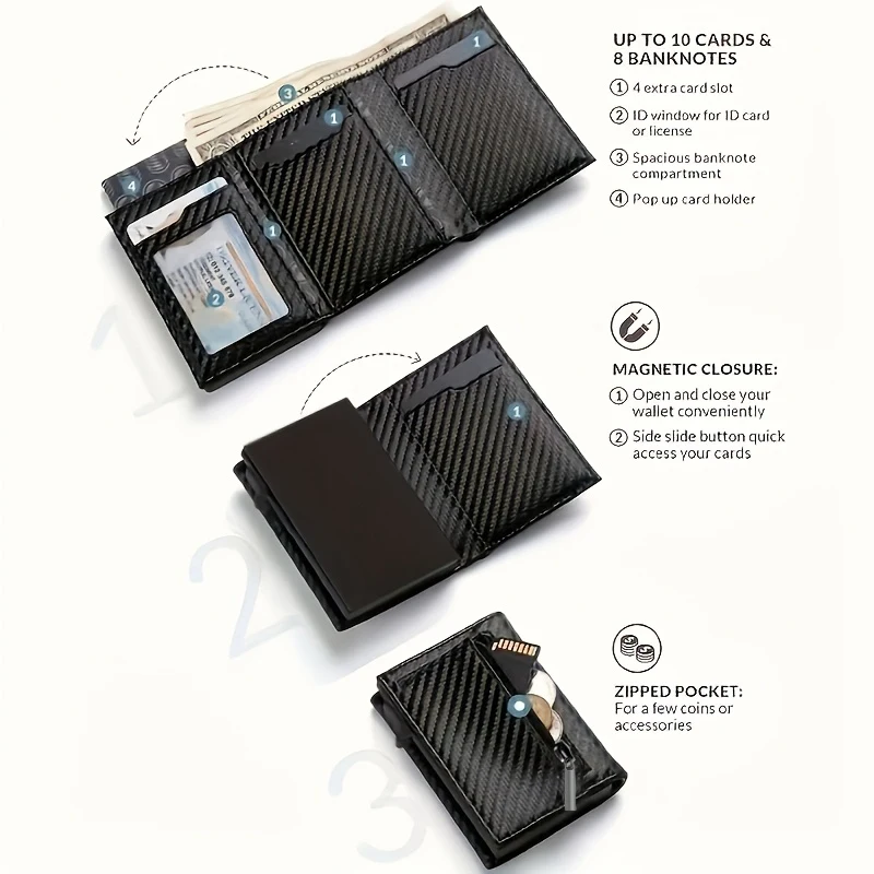 Men's Wallet with Zipper Coin Purse Automatic Pop-up Metal Credit Card Holder Minimalist RFID Blocking Business Card Wallet Idea thumbnail 3