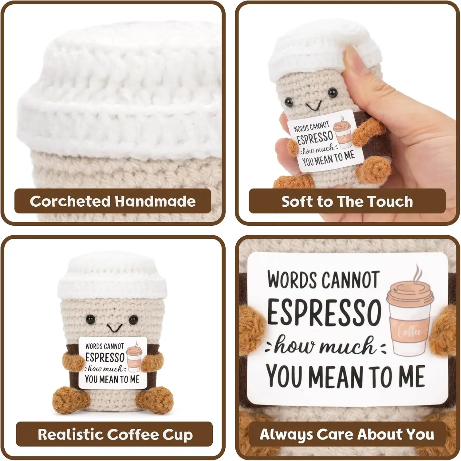 Funny Crochet Emotional Support Coffee Doll With Card Desktop Ornament Handmade Knitted Coffee Dolls Christmas Gifts Home Decor thumbnail 2