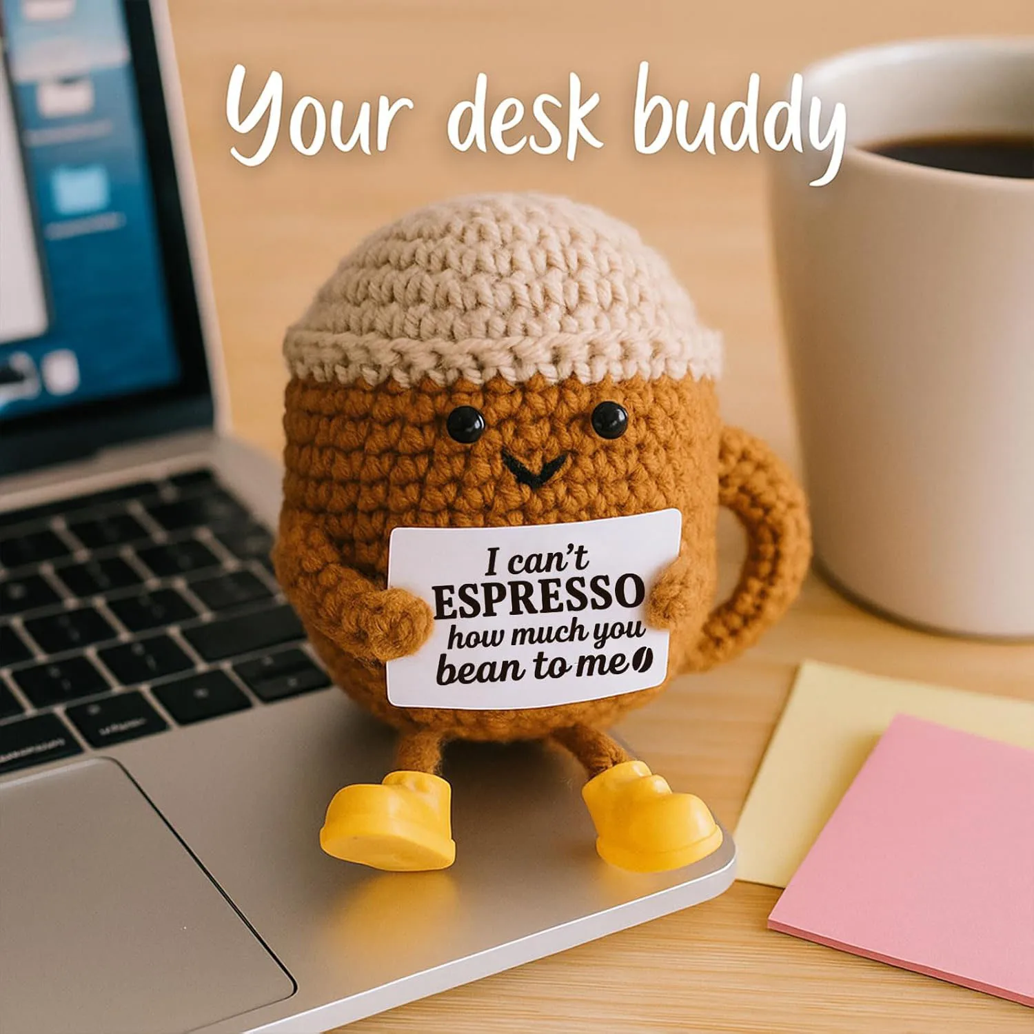 Funny Crochet Emotional Support Coffee Doll With Card Desktop Ornament Handmade Knitted Coffee Dolls Christmas Gifts Home Decor thumbnail 5