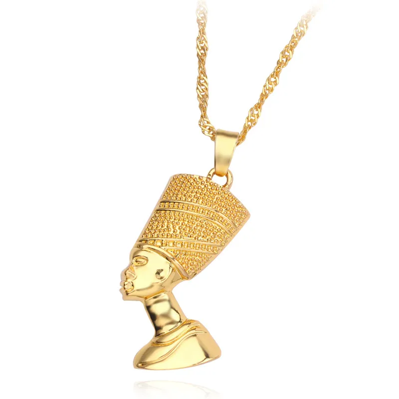Nefertiti Egyptian Queen Pendant Necklace Gold Silver Hip Hop Jewelry for Women Men African Kolye Style