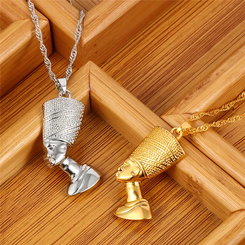 Nefertiti Egyptian Queen Pendant Necklace Gold Silver Hip Hop Jewelry for Women Men African Kolye Style thumbnail 4