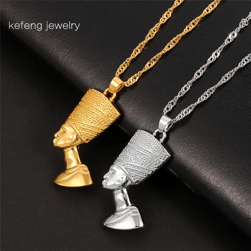 Nefertiti Egyptian Queen Pendant Necklace Gold Silver Hip Hop Jewelry for Women Men African Kolye Style thumbnail 6