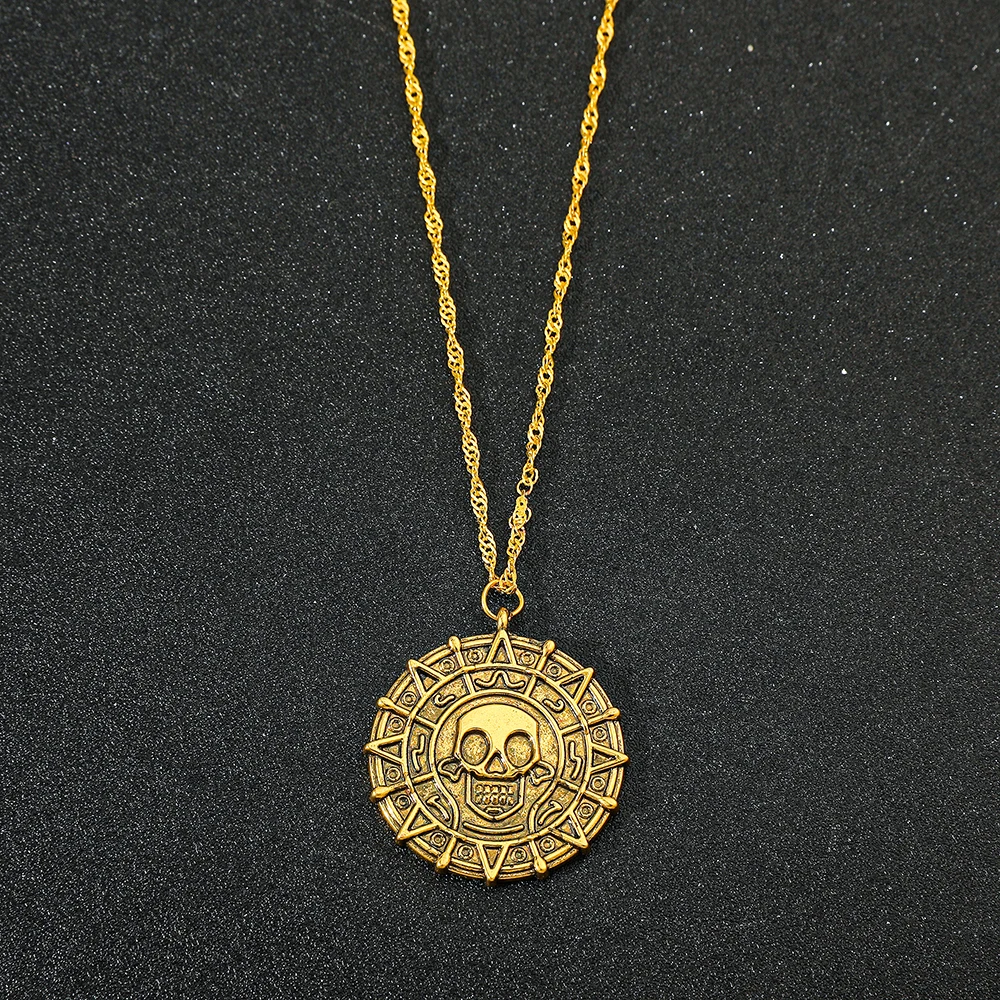 Pirates of the Caribbean Jack Sparrow Aztec Skeleton Skull Heads Coin Medallion Pendant Vintage Jewelry Necklace for Wholesale thumbnail 5
