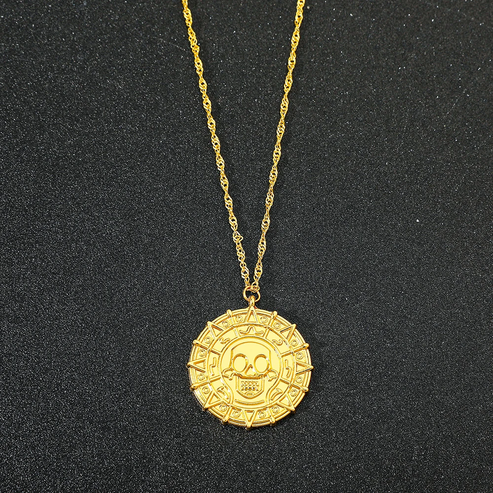 Pirates of the Caribbean Jack Sparrow Aztec Skeleton Skull Heads Coin Medallion Pendant Vintage Jewelry Necklace for Wholesale thumbnail 4