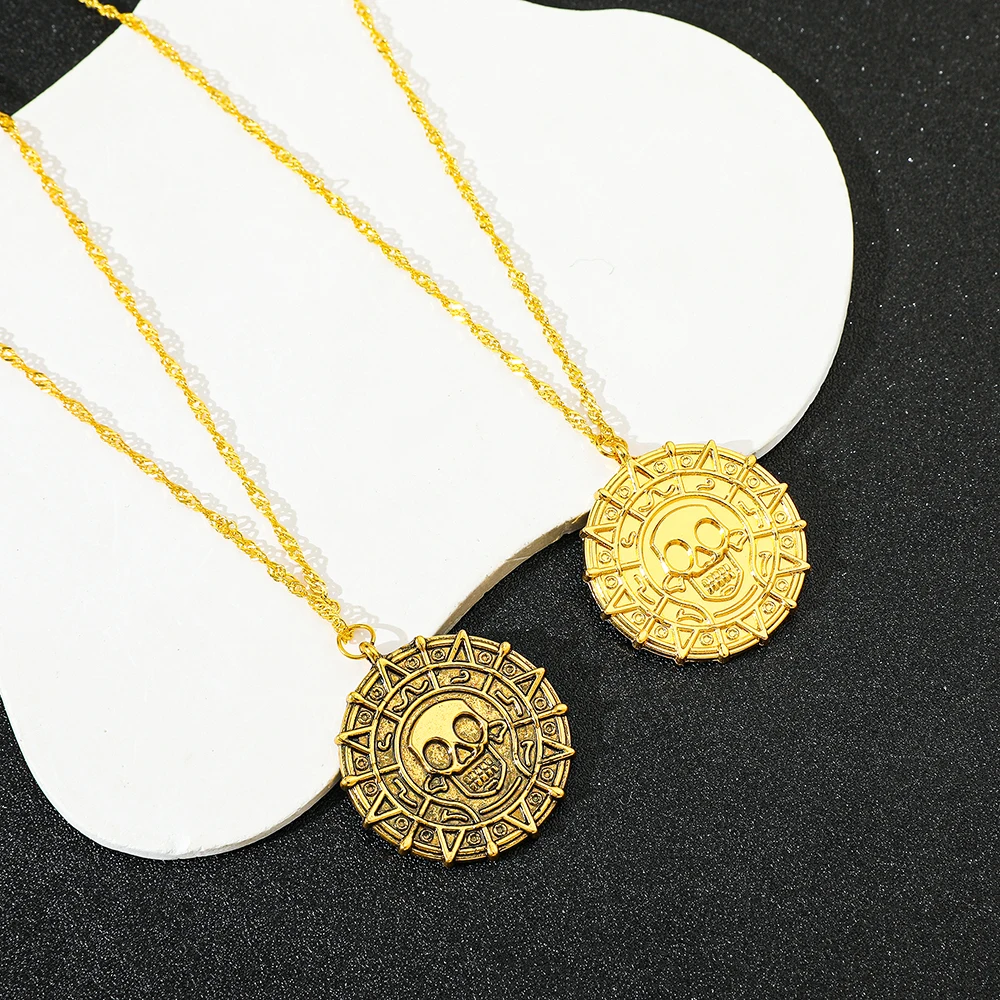 Pirates of the Caribbean Jack Sparrow Aztec Skeleton Skull Heads Coin Medallion Pendant Vintage Jewelry Necklace for Wholesale thumbnail 2
