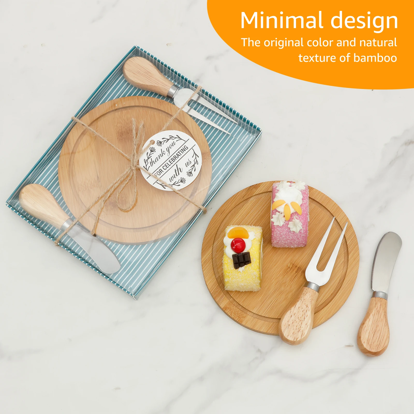 Round Cheese Board Set Smooth Solid Bamboo Cheese Cutting Tool Set Beautiful Mini Board with Knives and Forks Bulk for Party thumbnail 5