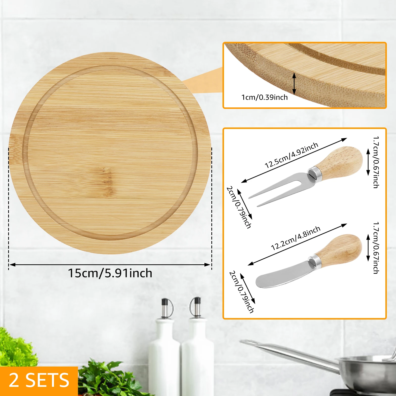 Round Cheese Board Set Smooth Solid Bamboo Cheese Cutting Tool Set Beautiful Mini Board with Knives and Forks Bulk for Party thumbnail 6