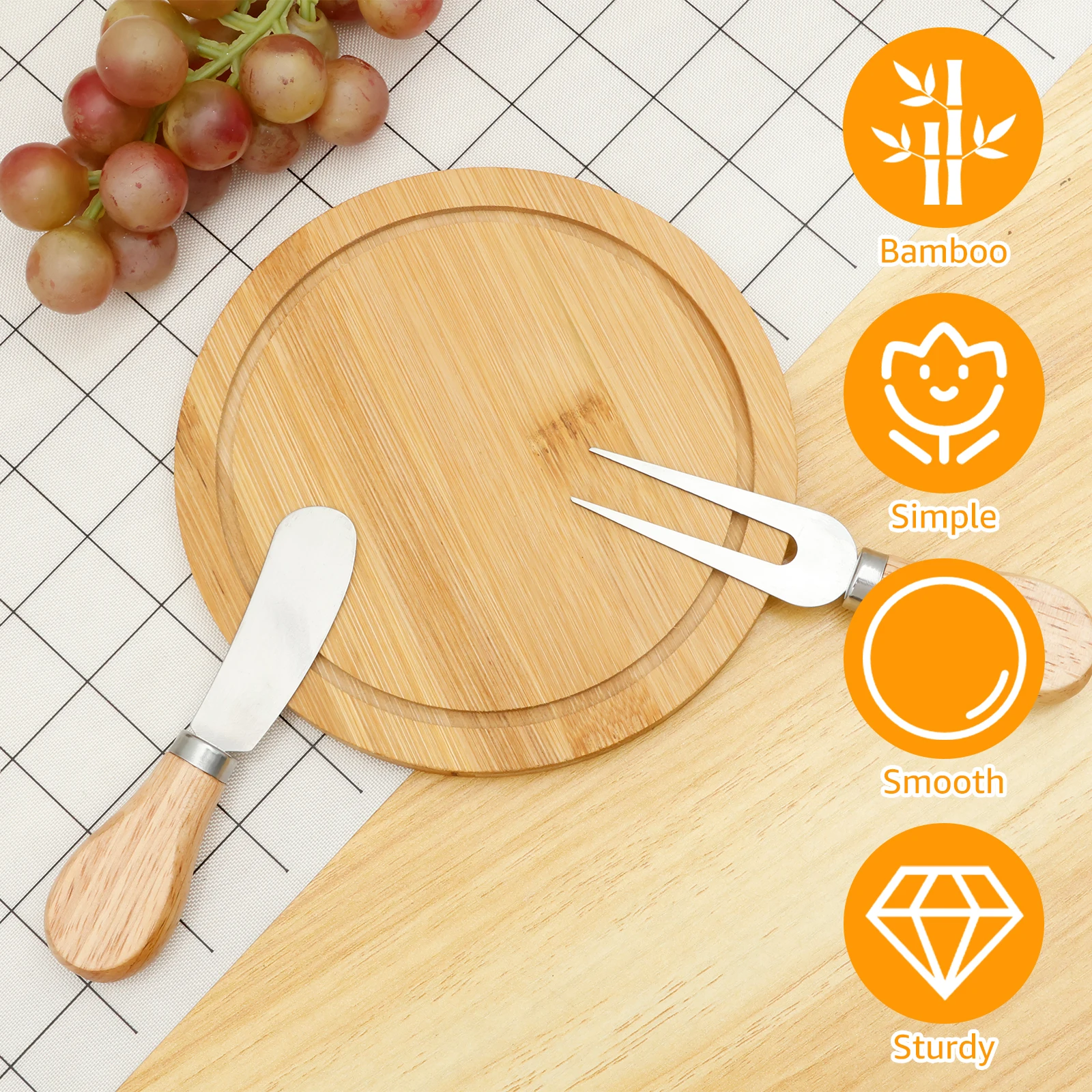 Round Cheese Board Set Smooth Solid Bamboo Cheese Cutting Tool Set Beautiful Mini Board with Knives and Forks Bulk for Party thumbnail 3