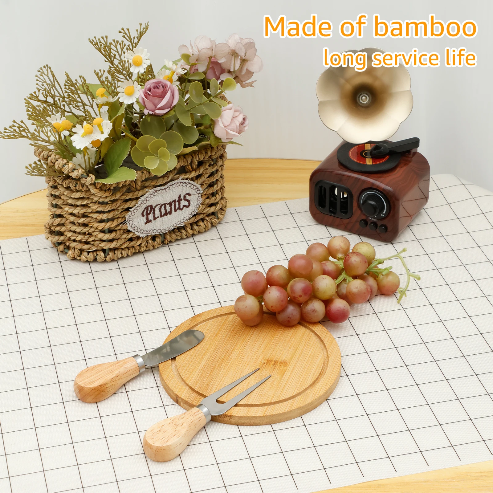 Round Cheese Board Set Smooth Solid Bamboo Cheese Cutting Tool Set Beautiful Mini Board with Knives and Forks Bulk for Party thumbnail 4