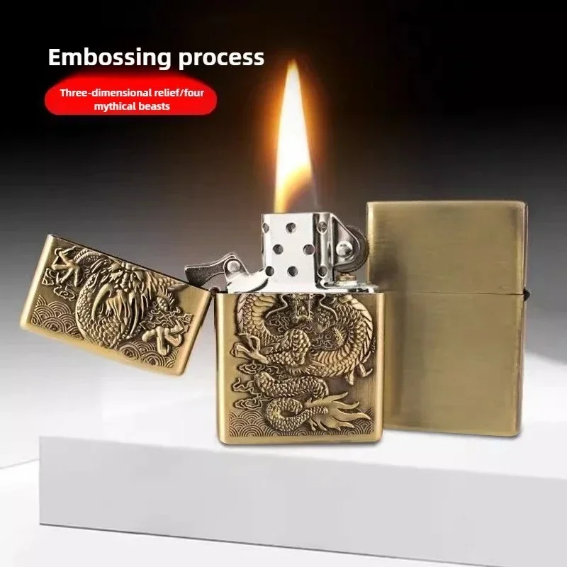 Retro Chinese Embossed Bronze Kerosene Grinding Wheel Lighter Classic Cheap Smoking Lighter Cigarette Lighter Men's Accessories thumbnail 3