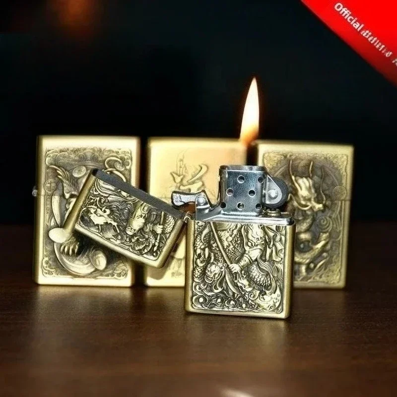 Retro Chinese Embossed Bronze Kerosene Grinding Wheel Lighter Classic Cheap Smoking Lighter Cigarette Lighter Men's Accessories