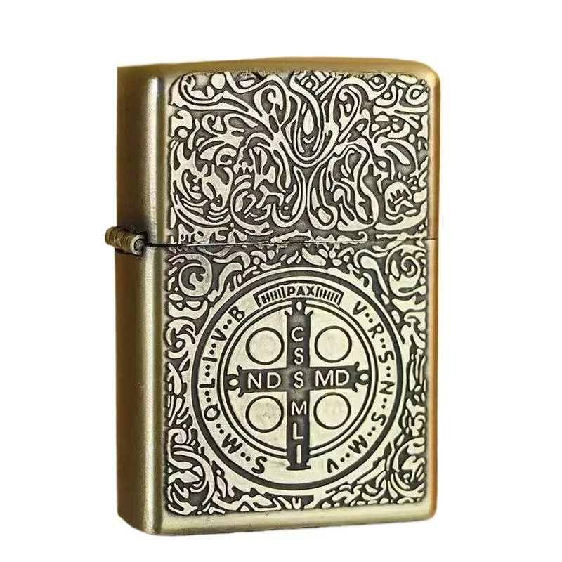 Retro Chinese Embossed Bronze Kerosene Grinding Wheel Lighter Classic Cheap Smoking Lighter Cigarette Lighter Men's Accessories thumbnail 6