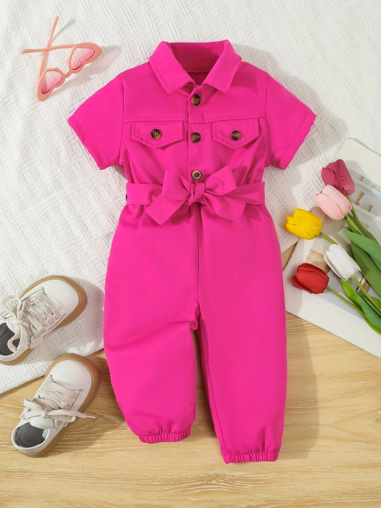 Cute Baby Girl Summer Short-Sleeved One-Piece Outdoor Casual Simple One-Piece Pants + Belt 2-Piece Set thumbnail 3