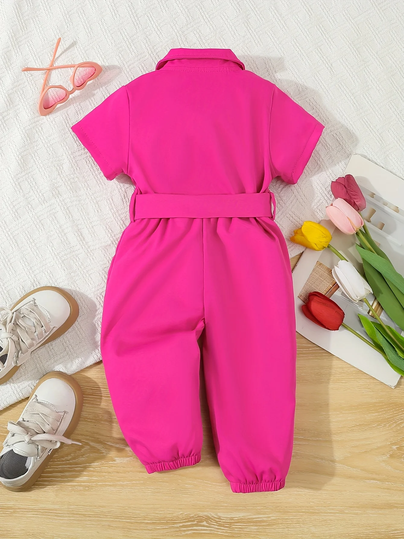 Cute Baby Girl Summer Short-Sleeved One-Piece Outdoor Casual Simple One-Piece Pants + Belt 2-Piece Set thumbnail 2