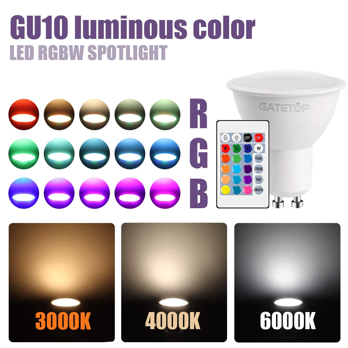 1-10PCS RGB LED Spotlight GU10 Bulb 24 Key Remote Control Dimmable 6W AC220V 110V Colorful Change for Bedroom Living Room Lamp thumbnail 3