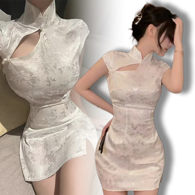 Sexy Chinese Qipao Dress Cheongsam Black White Fashion Oriental Style Tempting Uniform Streetwear Dance Party Performance thumbnail 3