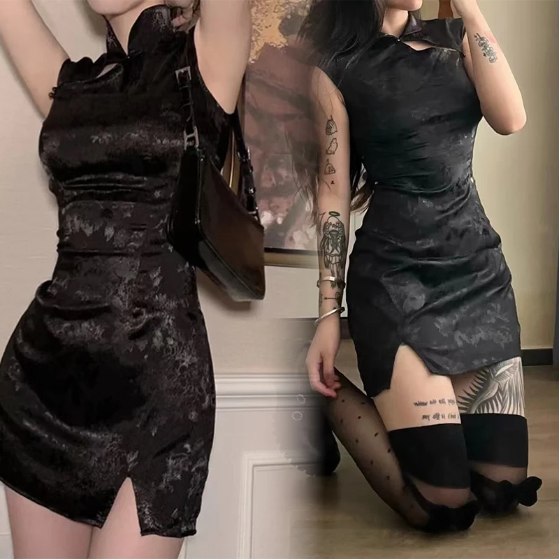 Sexy Chinese Qipao Dress Cheongsam Black White Fashion Oriental Style Tempting Uniform Streetwear Dance Party Performance thumbnail 2