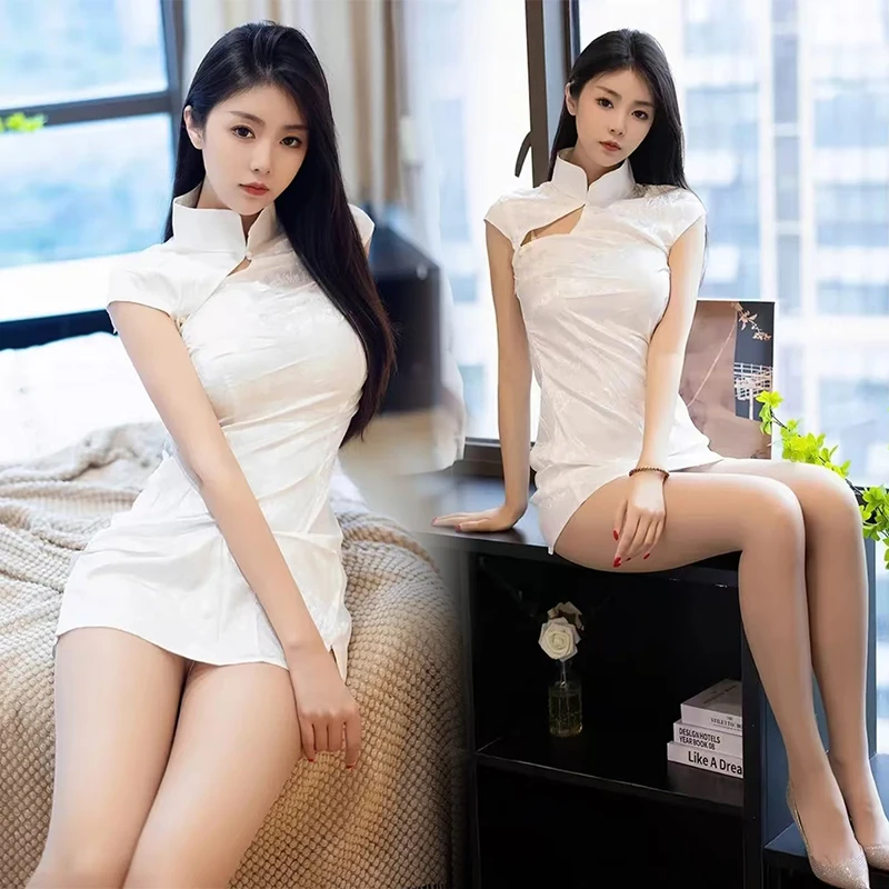 Sexy Chinese Qipao Dress Cheongsam Black White Fashion Oriental Style Tempting Uniform Streetwear Dance Party Performance thumbnail 4