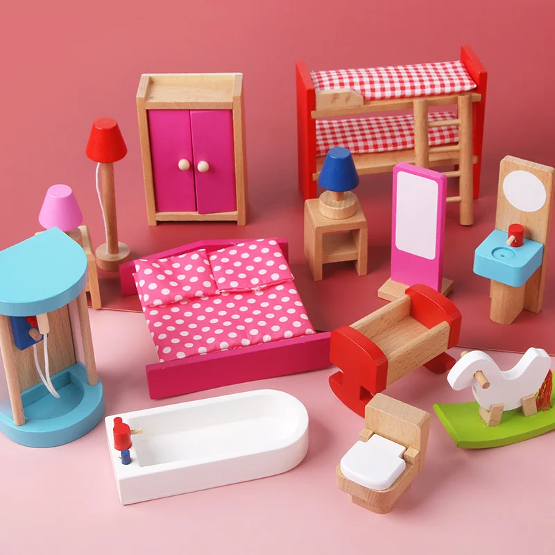 Wooden Mini Furniture Sets Kids Children House Play Toy - Bedroom, Living Room, Kitchen, Bathroom Accessories Boys Girl Gifts thumbnail 2