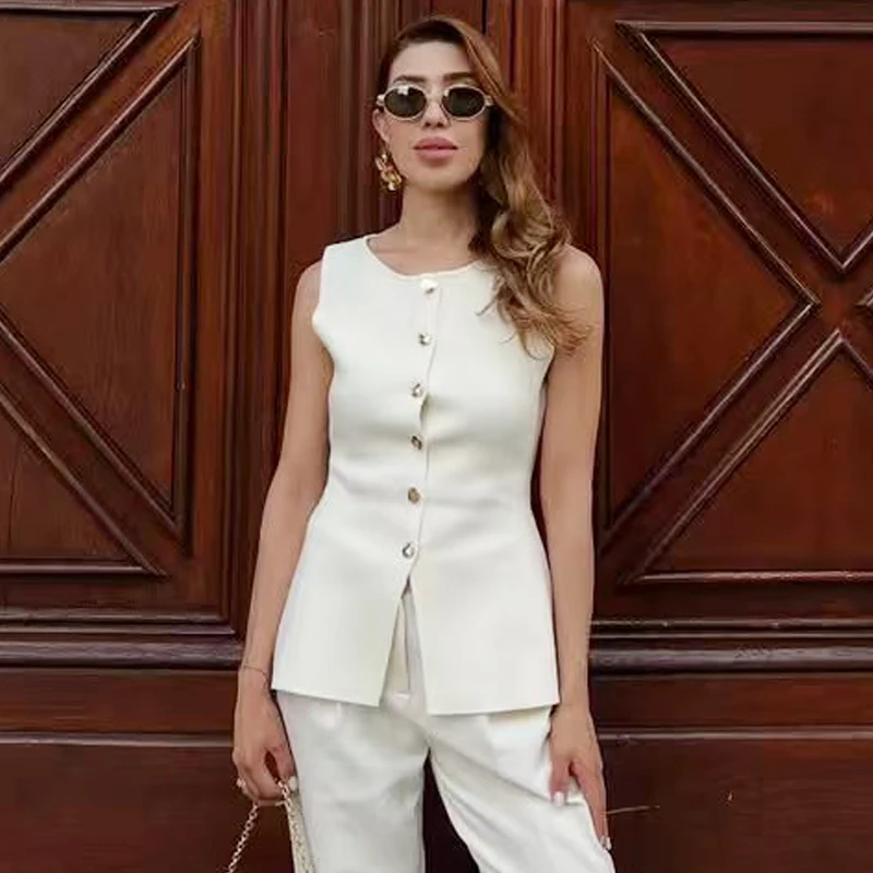HXAO 2025 Women's Off White Knit Vest Cardigan Button Up Long Outerwears Sleeveless Vest Women Ladies Fashion Elegant Vest Women thumbnail 6