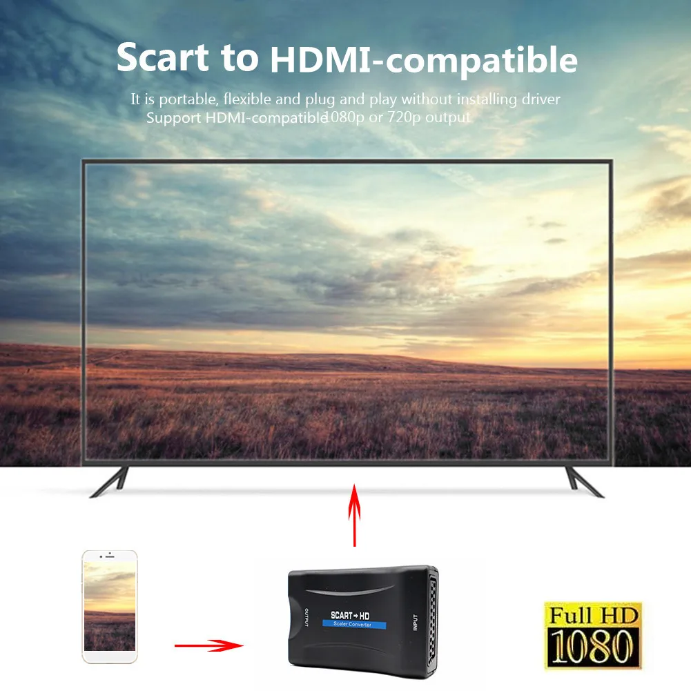 1080P SCART To HDMI-compatible Video Audio Upscale Converter Adapter for HD TV DVD for Sky Box STB Plug and Play DC Cable thumbnail 6