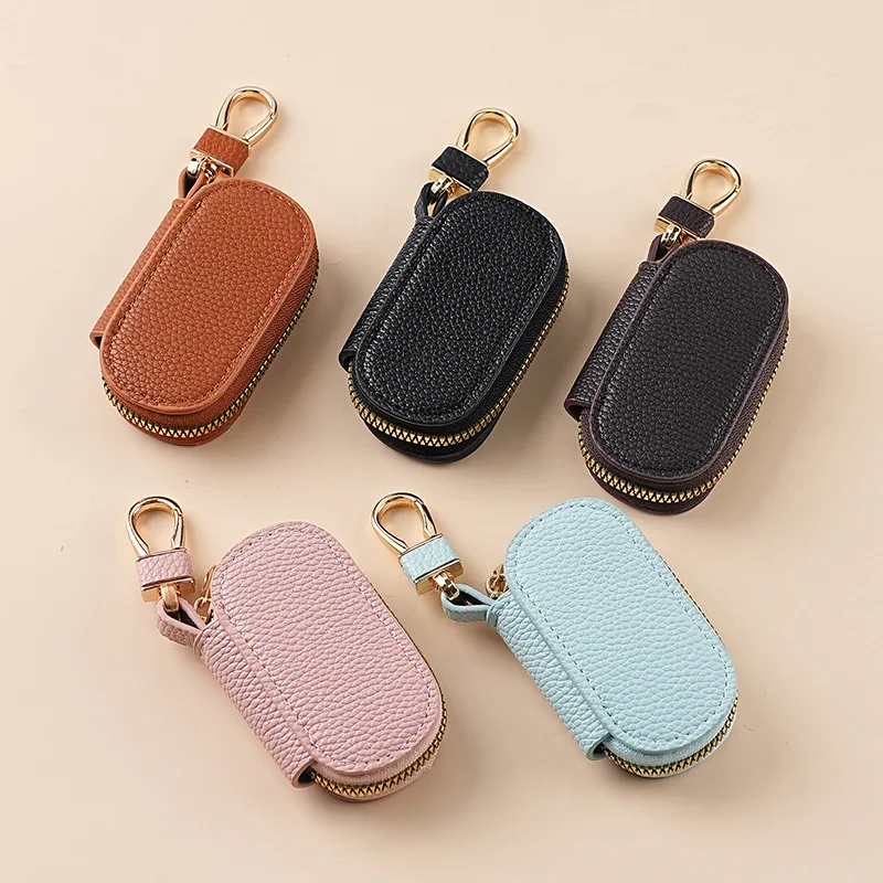 Portable Keychain Key Holder Bag Solid Color Lychee Pattern Leather Car Key Wallet Case Housekeeper Keys Organizer Pouch thumbnail 2