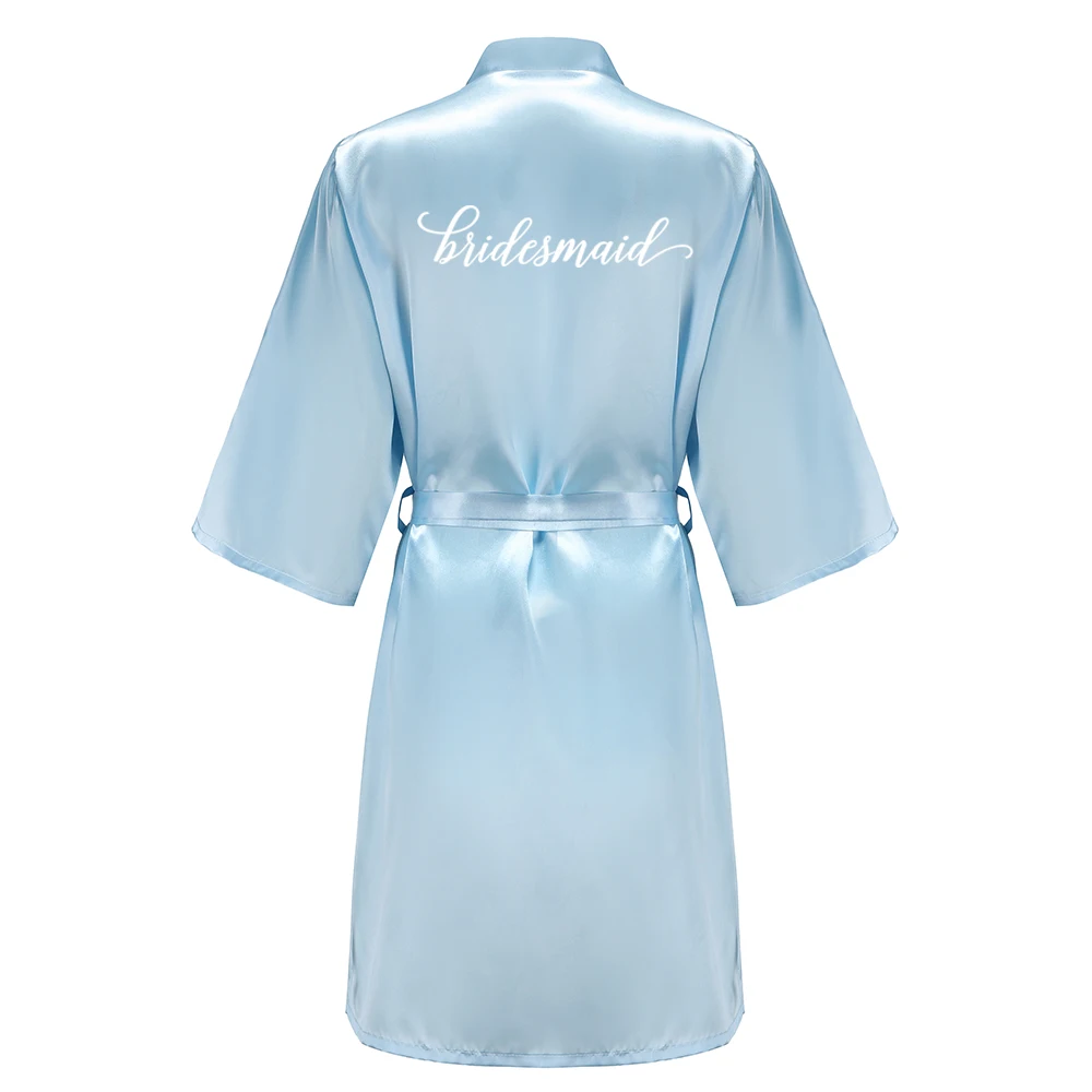 Light Blue Women's Satin Robe Short Kimono for Bride & Bridesmaid With White Letter, Wedding Party Robes thumbnail 5