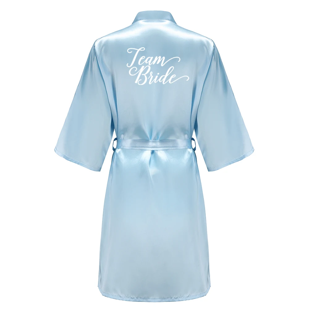 Light Blue Women's Satin Robe Short Kimono for Bride & Bridesmaid With White Letter, Wedding Party Robes thumbnail 3