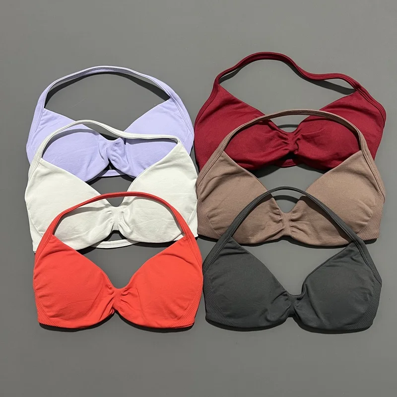 No Logo Strappy Sports Bra Woman Yoga Underwear Fitness Tank Top Removable Chest Pad Open Back Bra Running Gym Workout Halter thumbnail 3