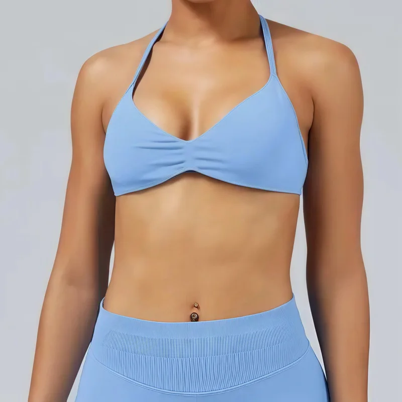 No Logo Strappy Sports Bra Woman Yoga Underwear Fitness Tank Top Removable Chest Pad Open Back Bra Running Gym Workout Halter thumbnail 4