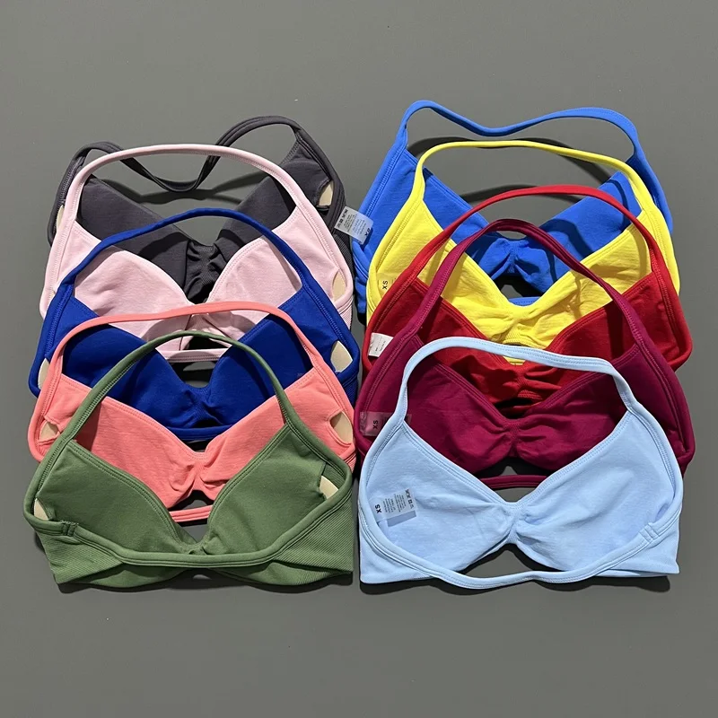 No Logo Strappy Sports Bra Woman Yoga Underwear Fitness Tank Top Removable Chest Pad Open Back Bra Running Gym Workout Halter thumbnail 2